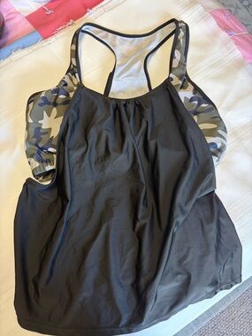 SHEIN Black Tankini Swim Top with Green Camo Panels